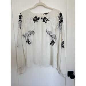Kobi Halperin Black White Embroidered Long Sleeve Cotton Silk Blouse Size Small